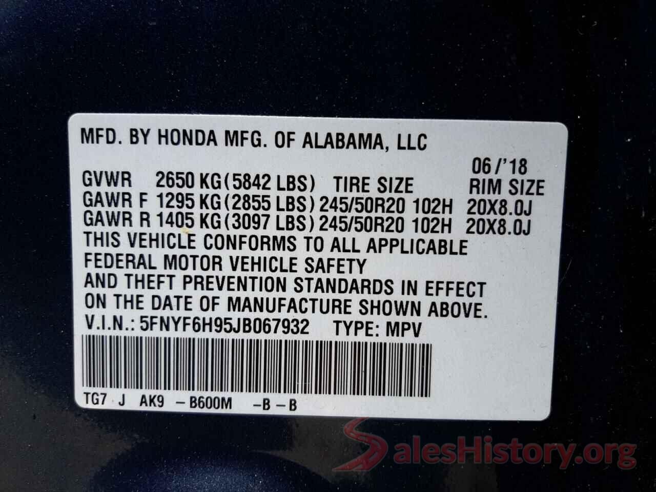 5FNYF6H95JB067932 2018 HONDA PILOT