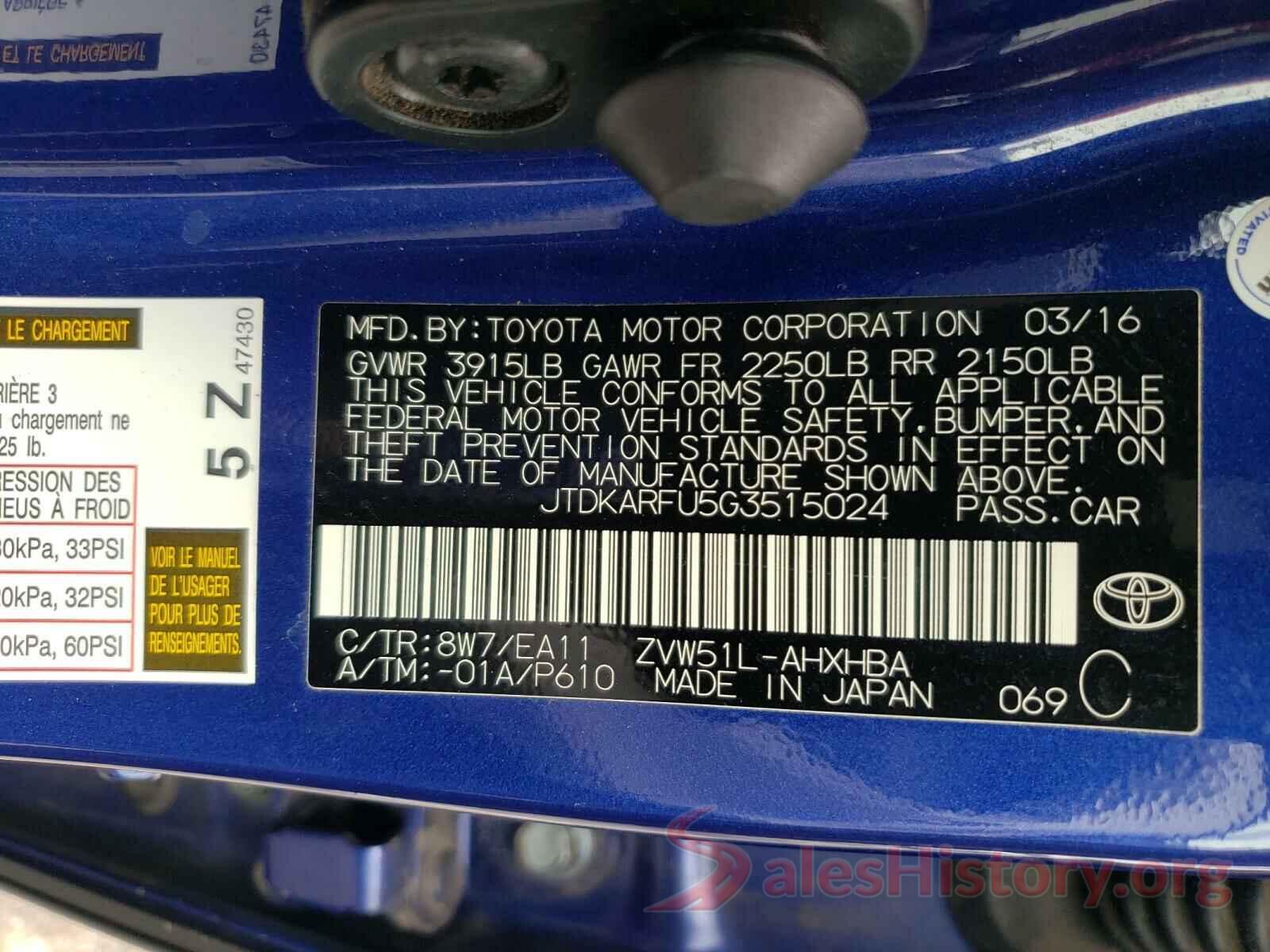 JTDKARFU5G3515024 2016 TOYOTA PRIUS