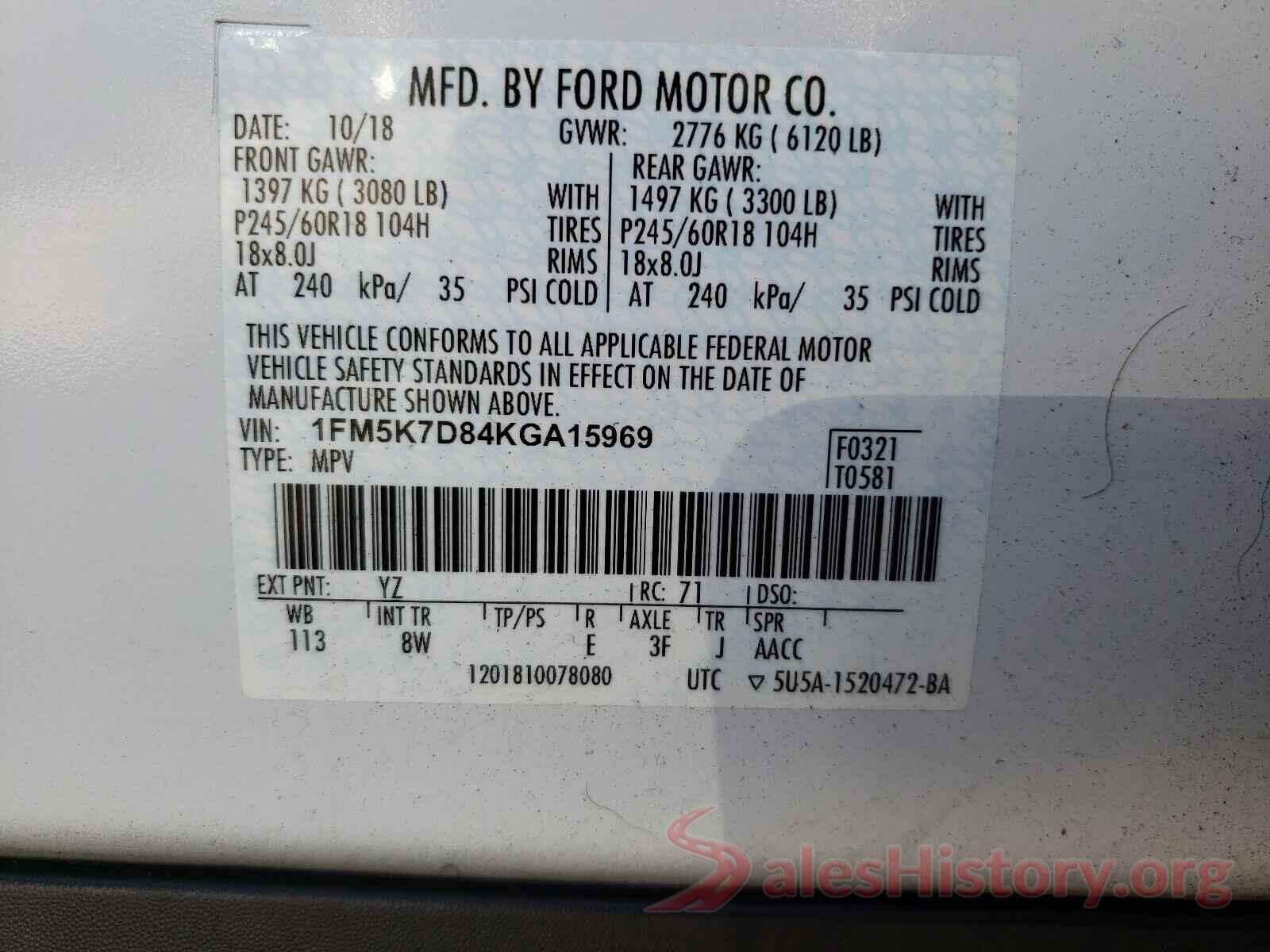 1FM5K7D84KGA15969 2019 FORD EXPLORER