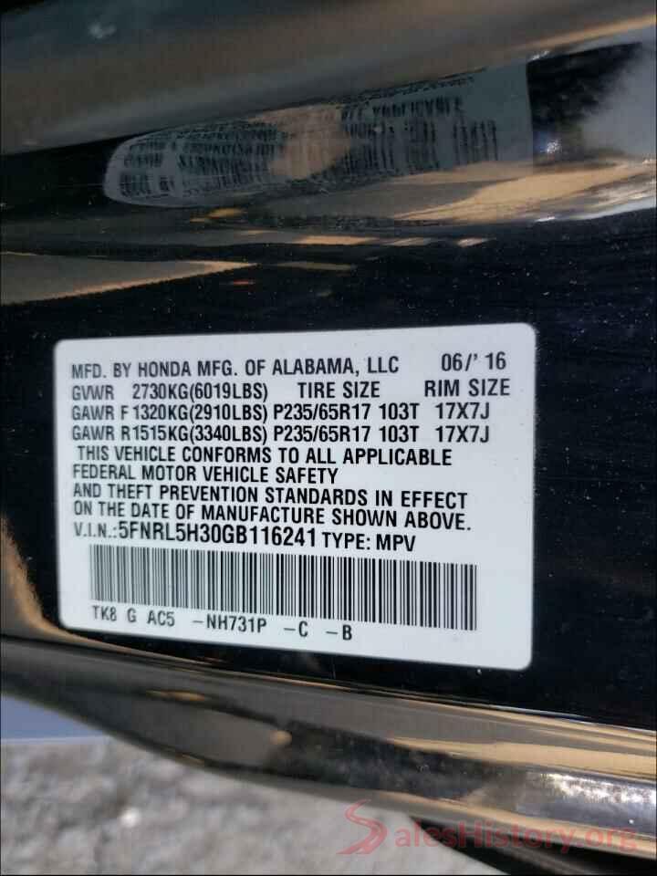 5FNRL5H30GB116241 2016 HONDA ODYSSEY