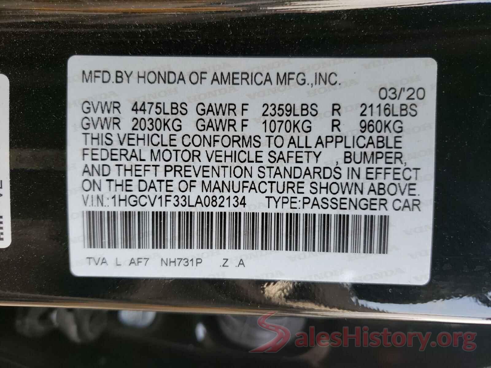 1HGCV1F33LA082134 2020 HONDA ACCORD