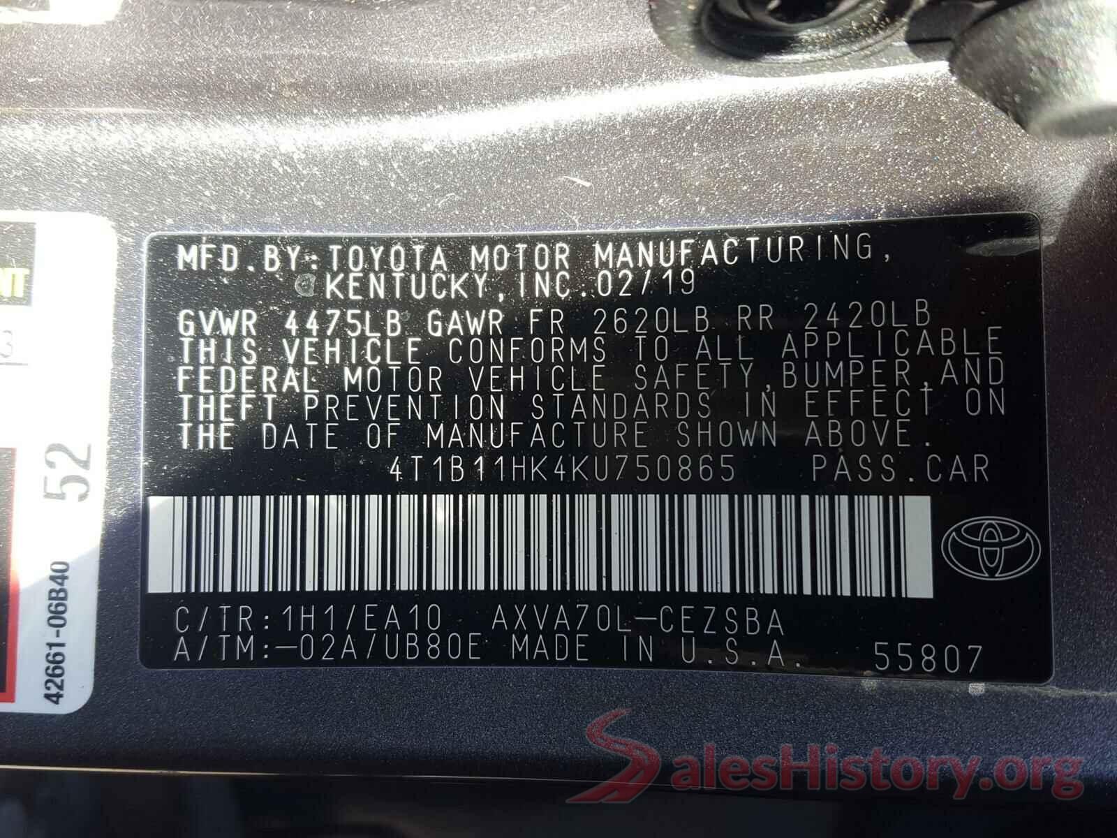 4T1B11HK4KU750865 2019 TOYOTA CAMRY