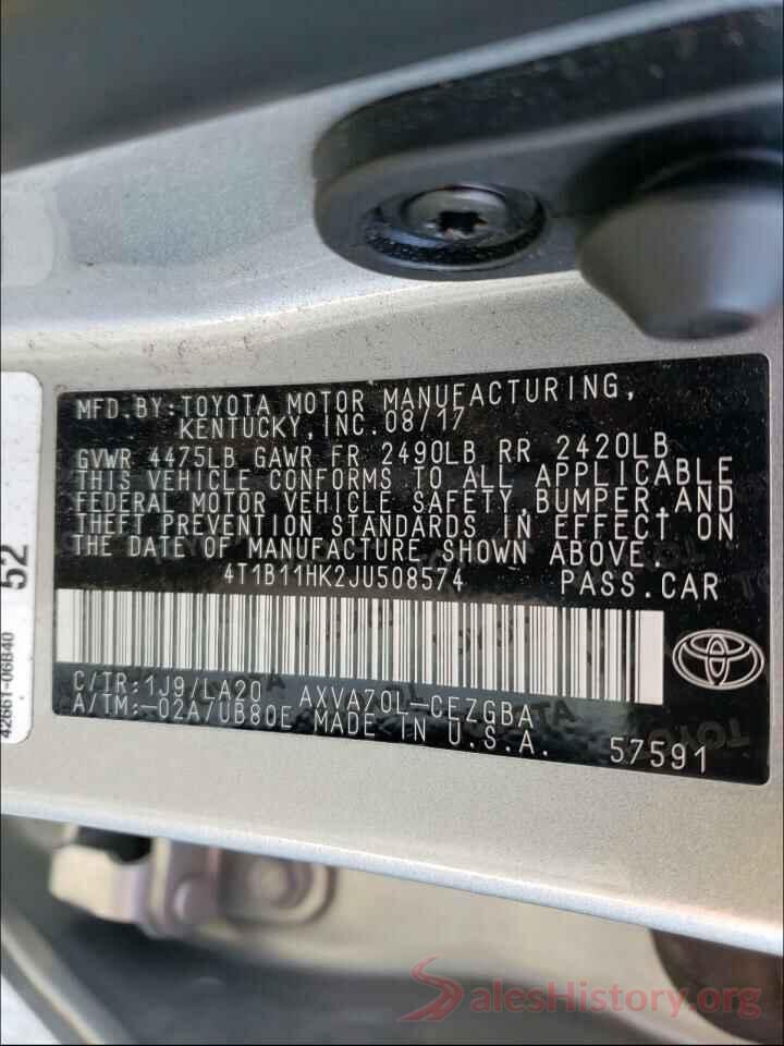 4T1B11HK2JU508574 2018 TOYOTA CAMRY