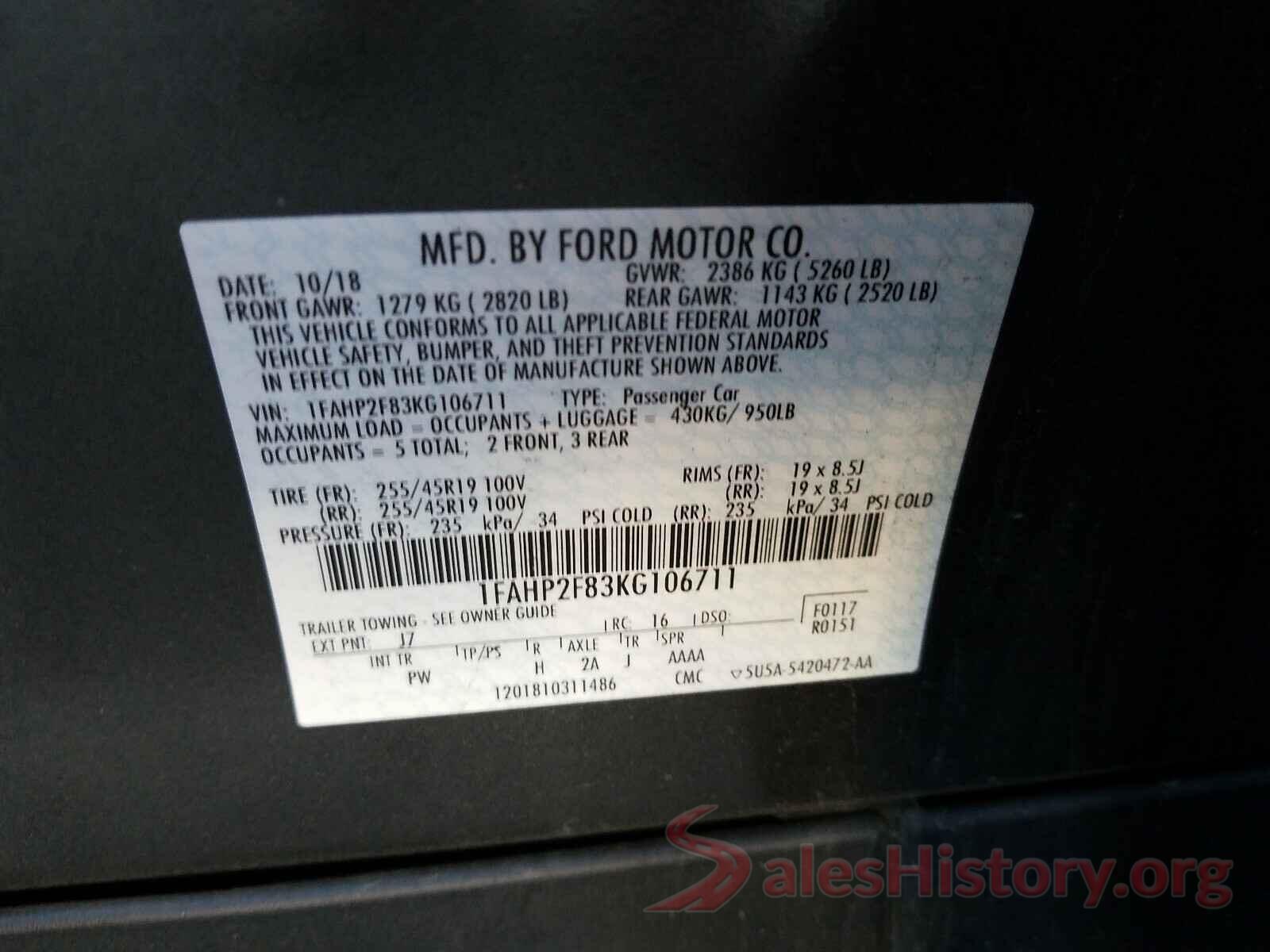 1FAHP2F83KG106711 2019 FORD TAURUS