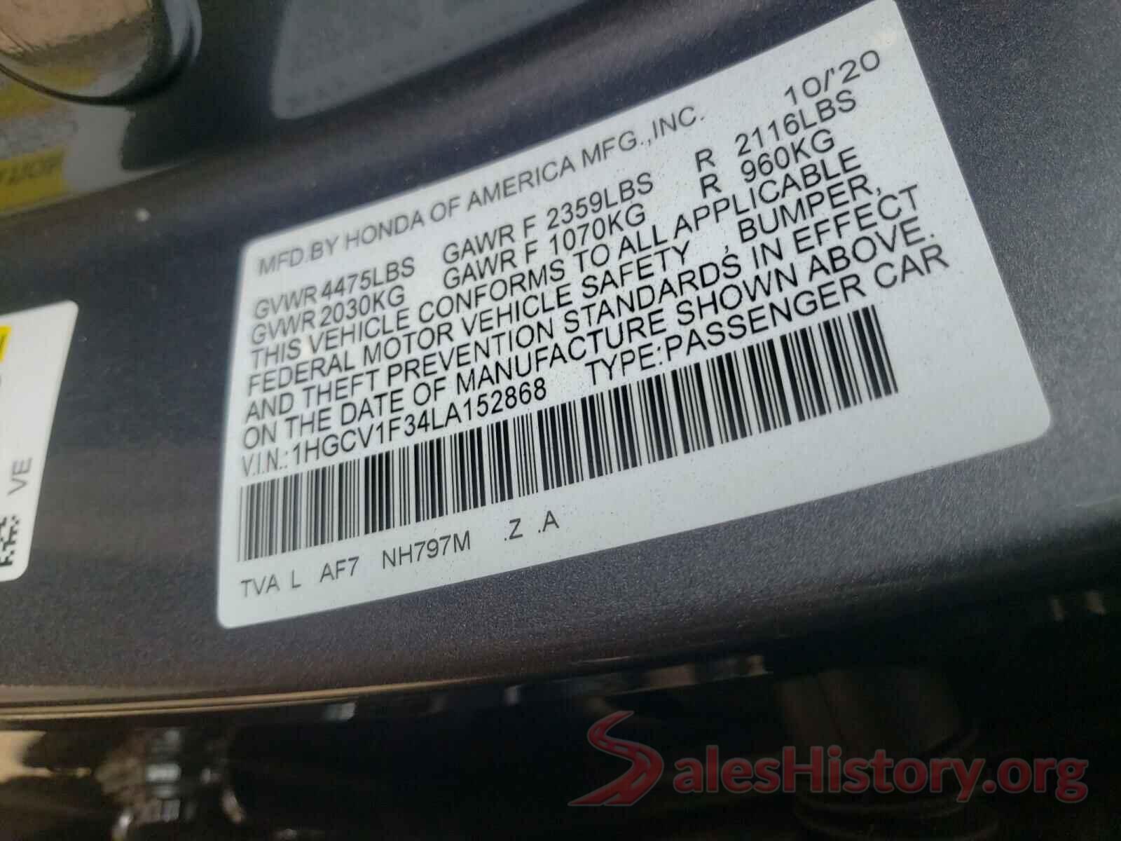 1HGCV1F34LA152868 2020 HONDA ACCORD