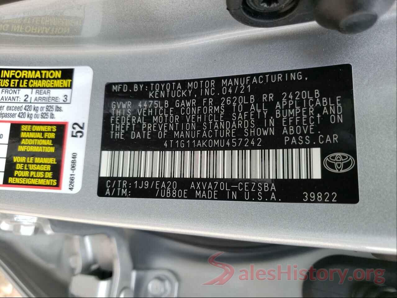 4T1G11AK0MU457242 2021 TOYOTA CAMRY