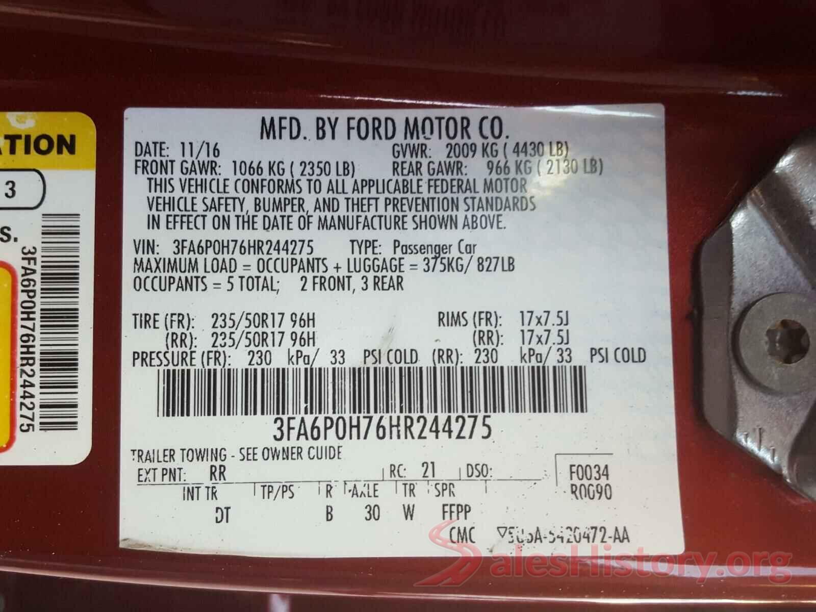 3FA6P0H76HR244275 2017 FORD FUSION