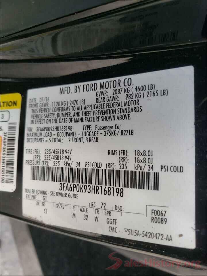 3FA6P0K93HR168198 2017 FORD FUSION