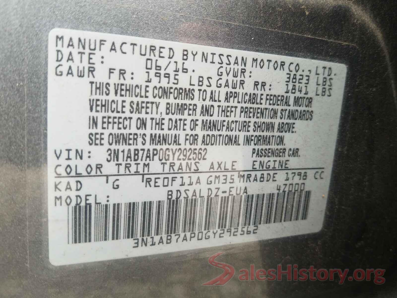 3N1AB7AP0GY292562 2016 NISSAN SENTRA