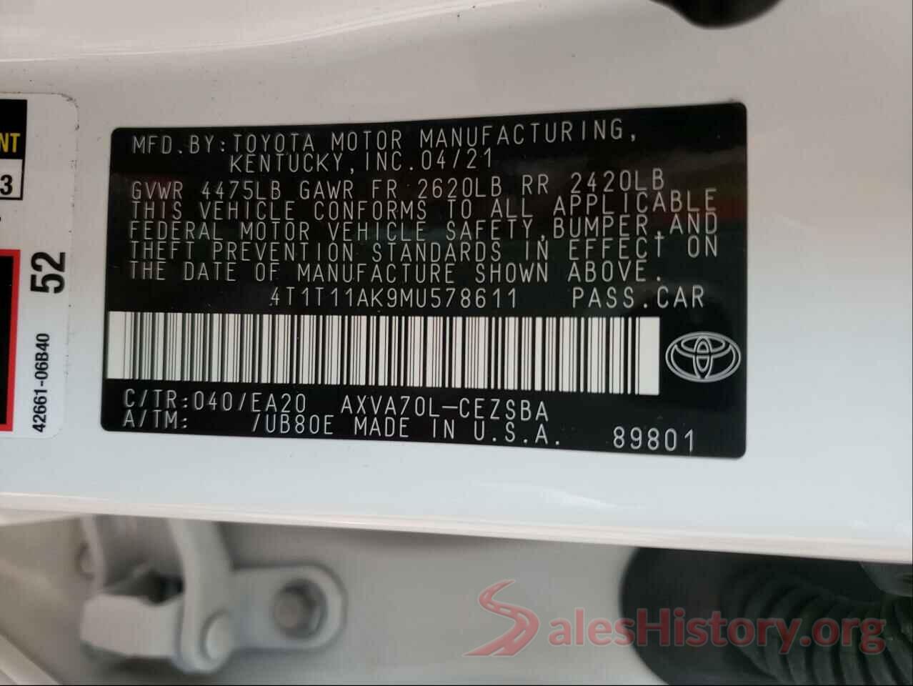 4T1T11AK9MU578611 2021 TOYOTA CAMRY