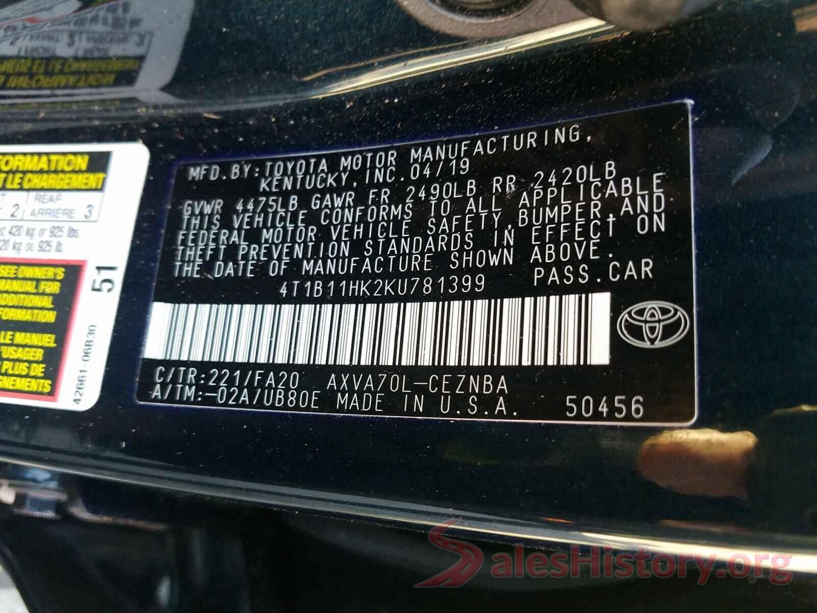 4T1B11HK2KU781399 2019 TOYOTA CAMRY