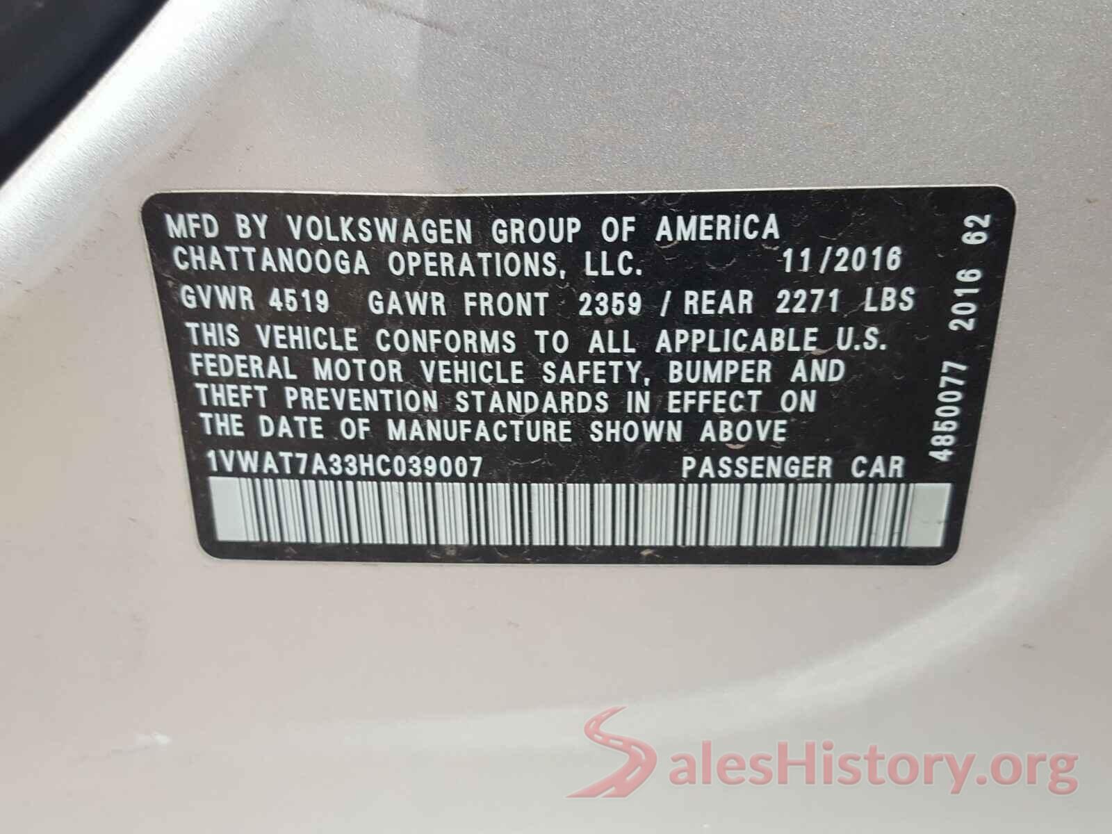 1VWAT7A33HC039007 2017 VOLKSWAGEN PASSAT