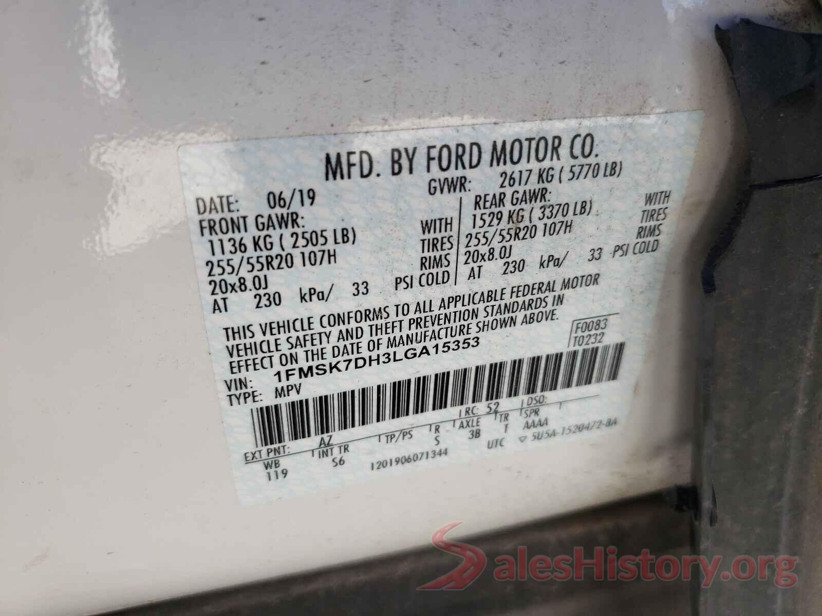 1FMSK7DH3LGA15353 2020 FORD EXPLORER