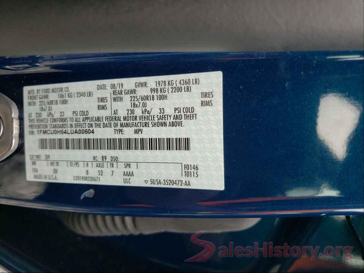 1FMCU0H64LUA00604 2020 FORD ESCAPE