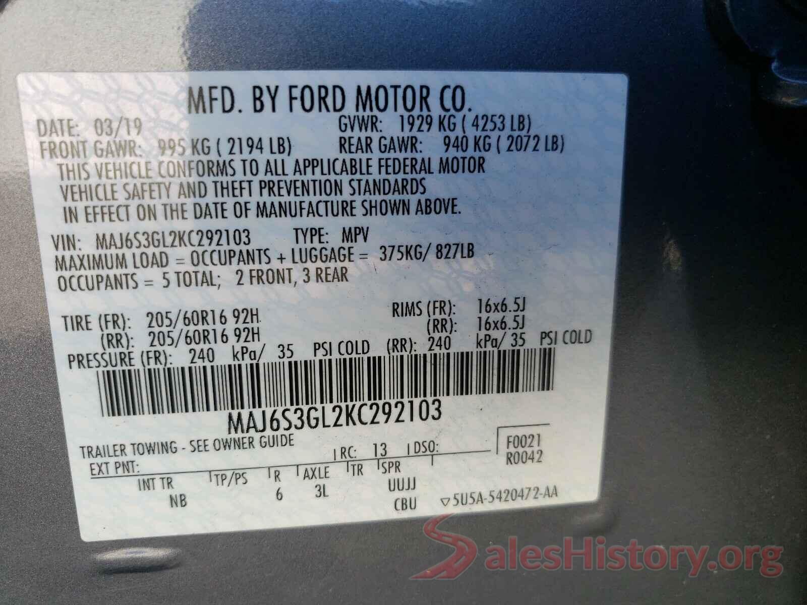 MAJ6S3GL2KC292103 2019 FORD ALL OTHER