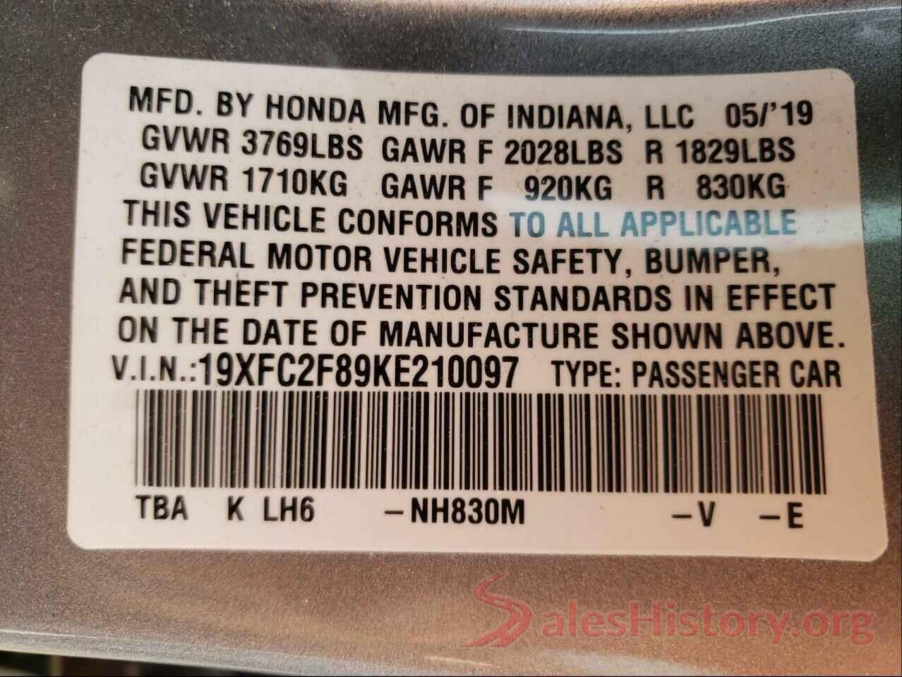 19XFC2F89KE210097 2019 HONDA CIVIC