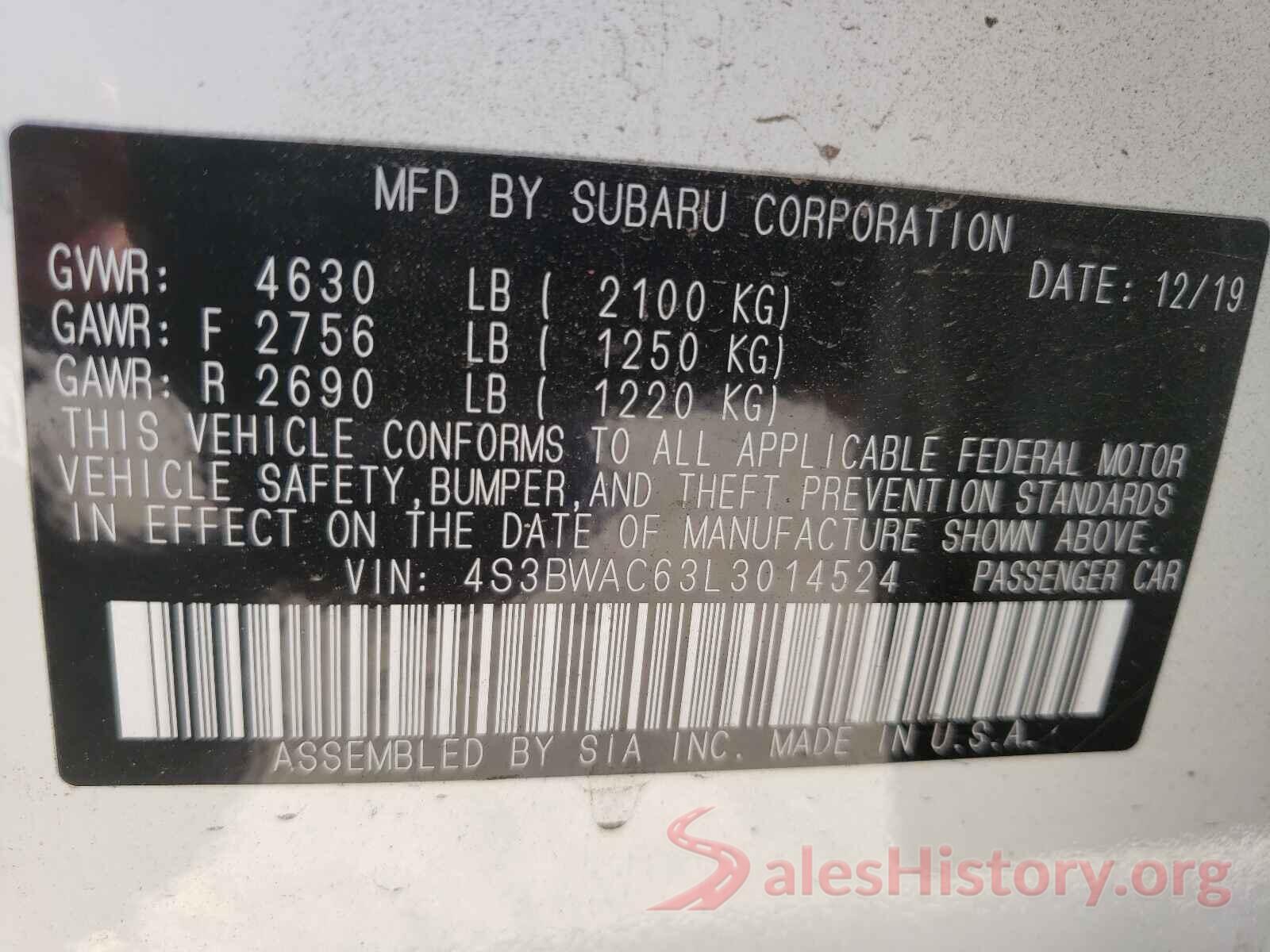 4S3BWAC63L3014524 2020 SUBARU LEGACY