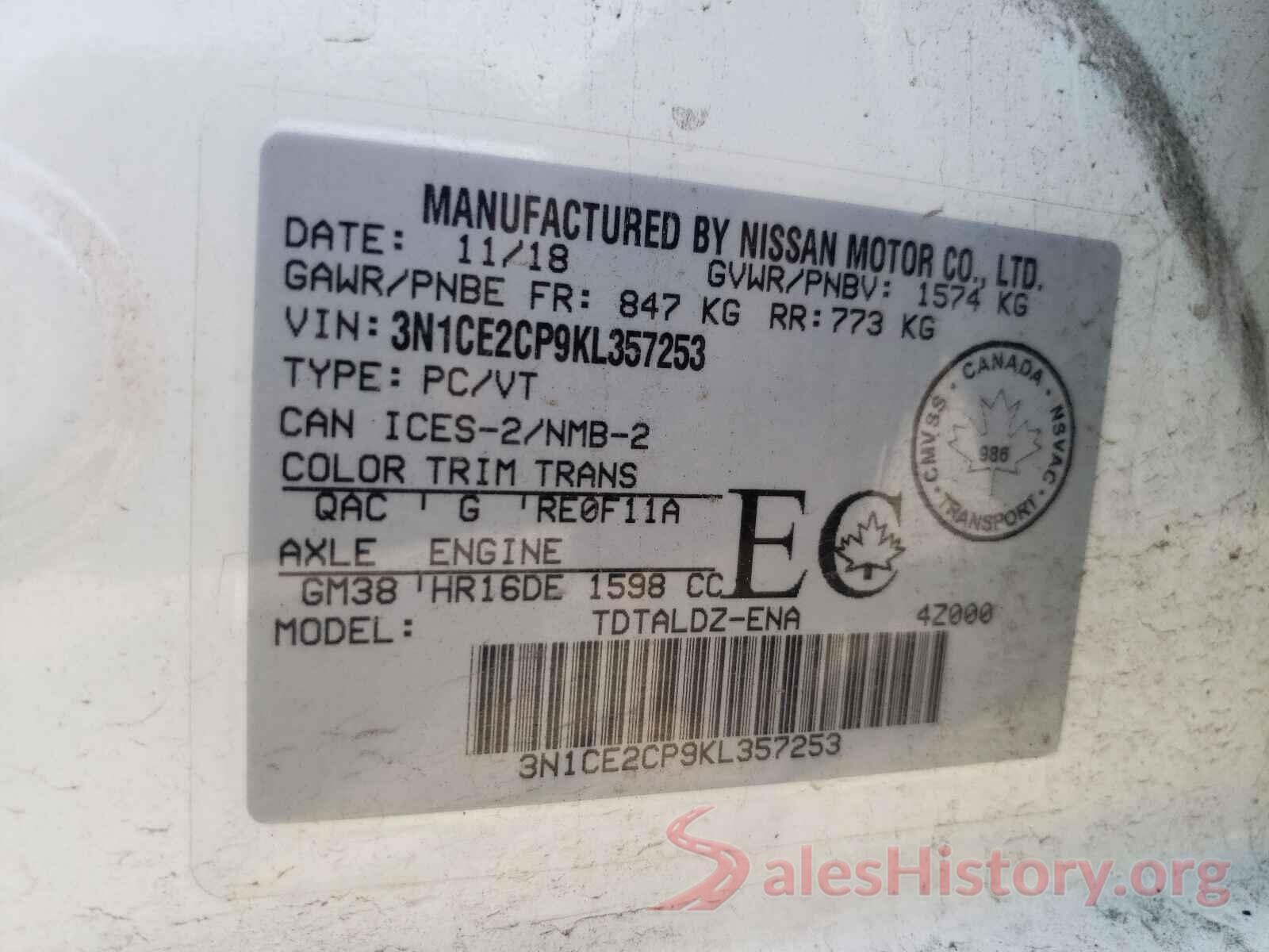 3N1CE2CP9KL357253 2019 NISSAN VERSA