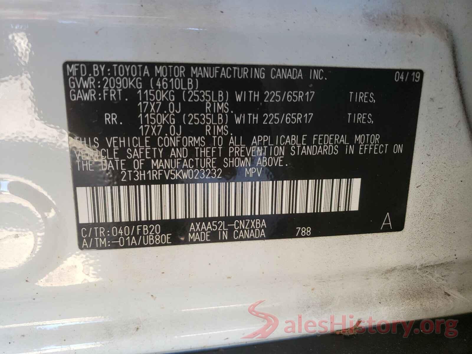 2T3H1RFV5KW023232 2019 TOYOTA RAV4