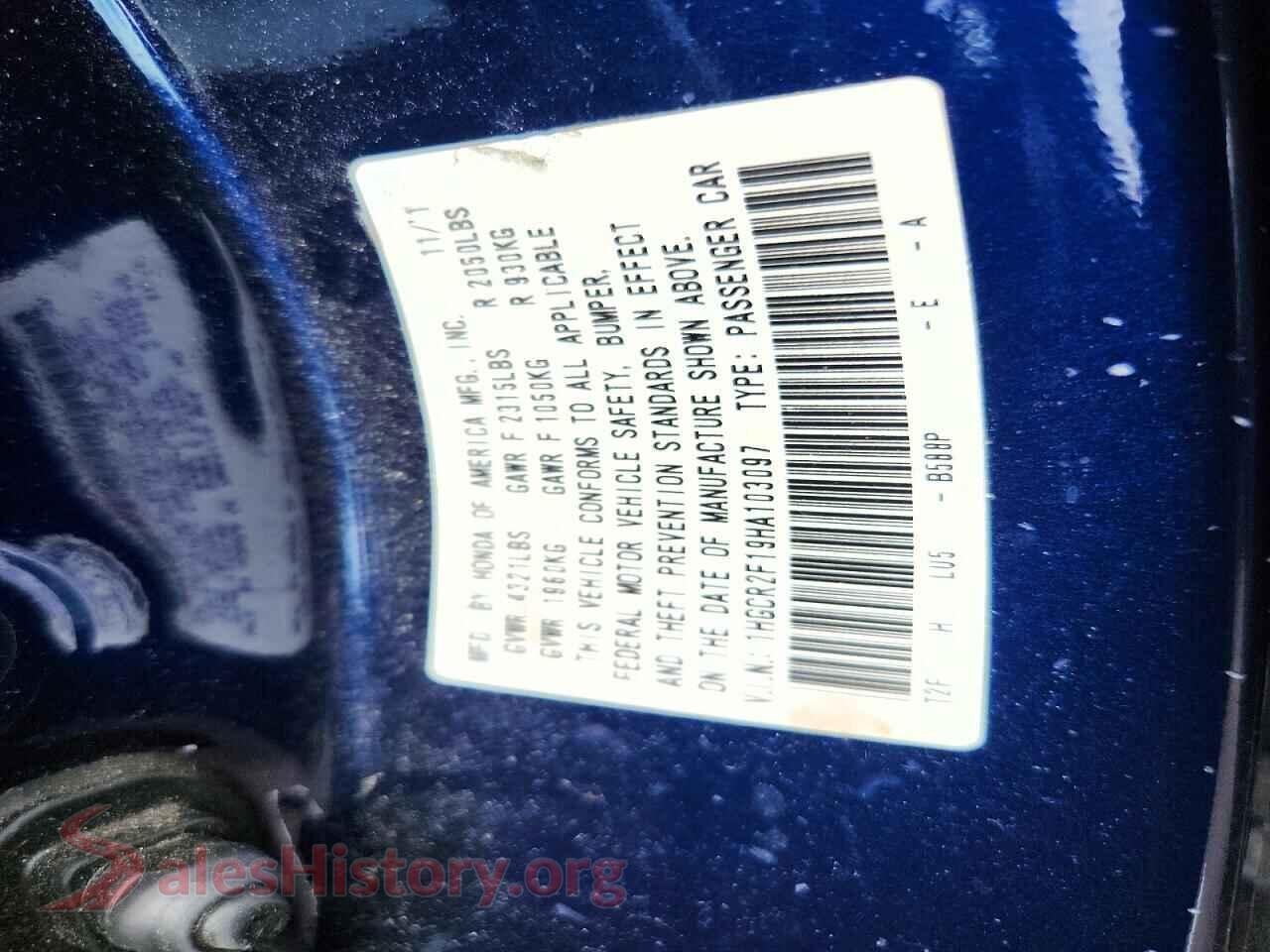 2017 HONDA ACCORD VIN 1HGCR2F19HA103097, trunk area
