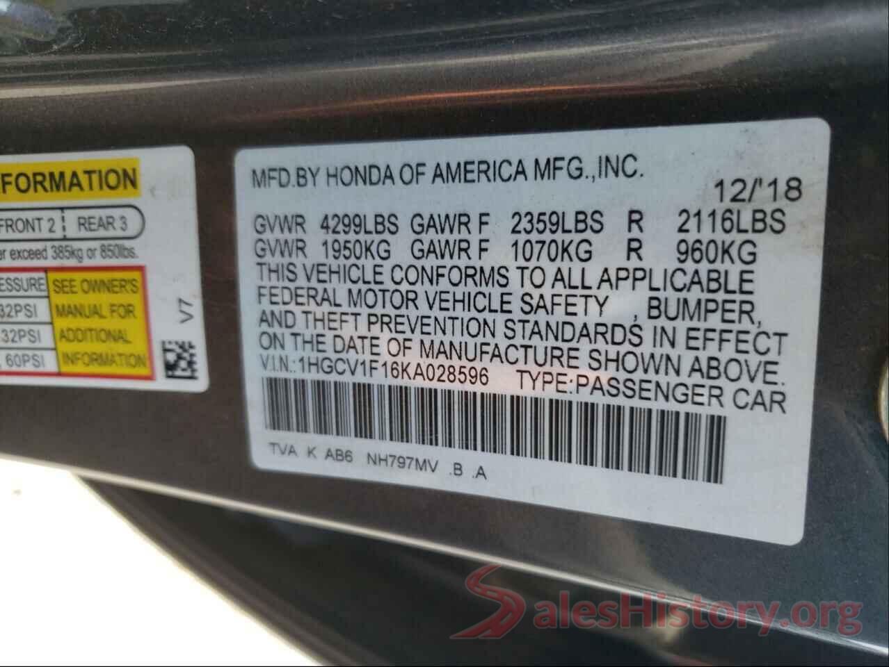 1HGCV1F16KA028596 2019 HONDA ACCORD