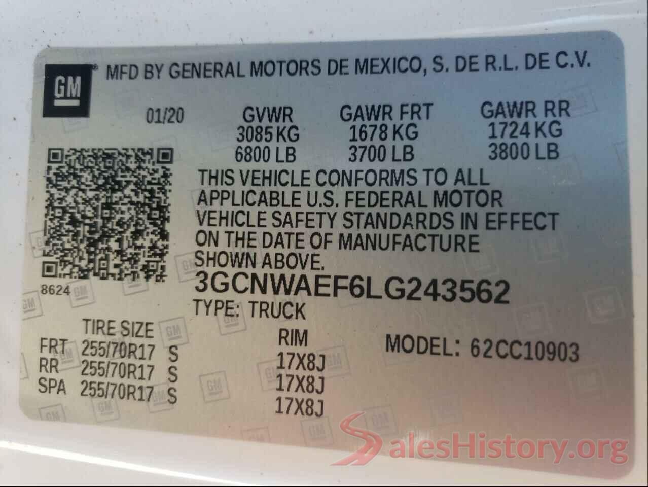 3GCNWAEF6LG243562 2020 CHEVROLET SILVERADO