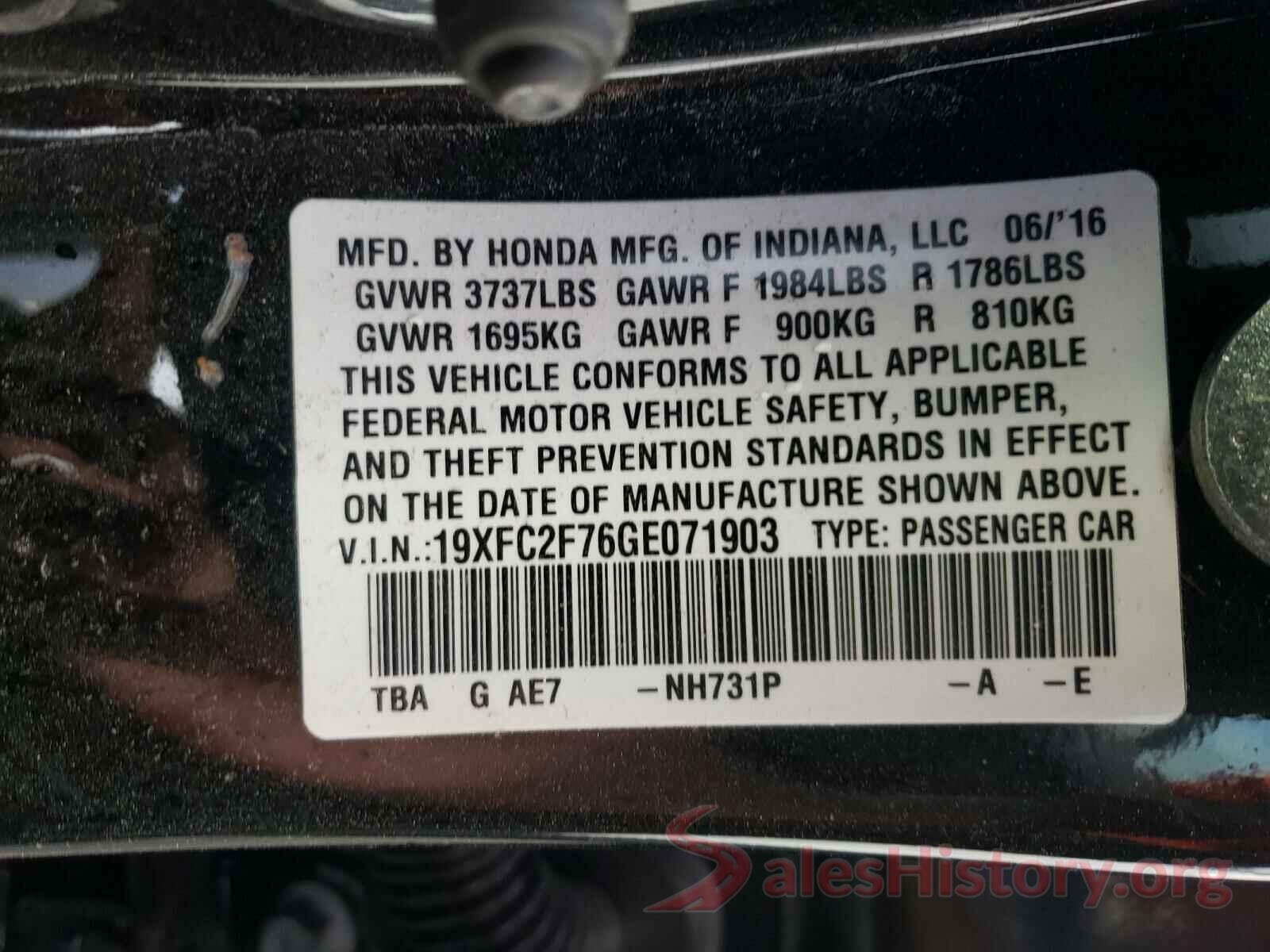 19XFC2F76GE071903 2016 HONDA CIVIC