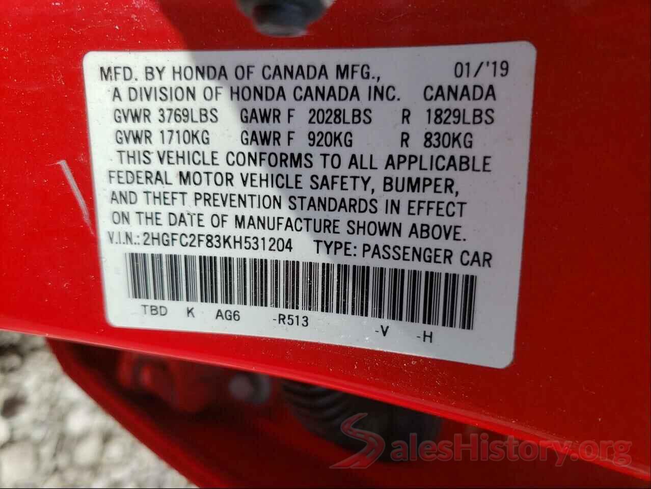 2HGFC2F83KH531204 2019 HONDA CIVIC