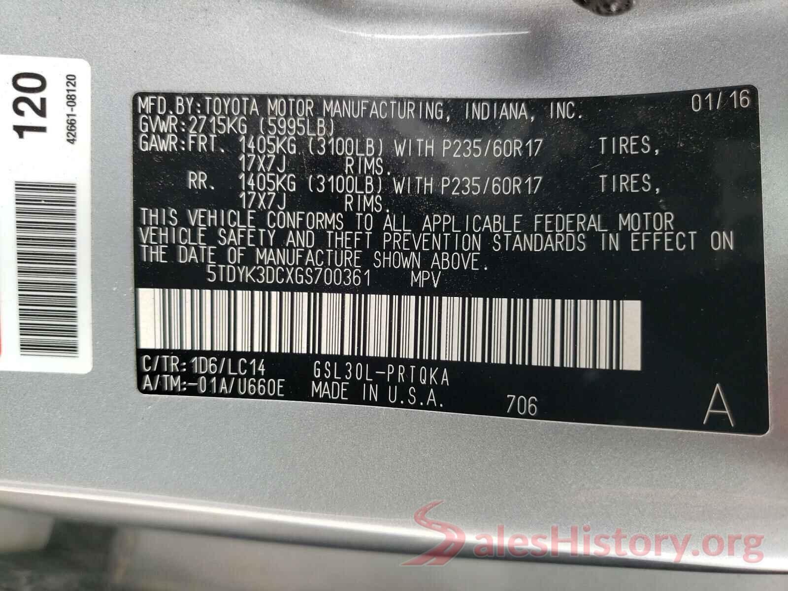 5TDYK3DCXGS700361 2016 TOYOTA SIENNA