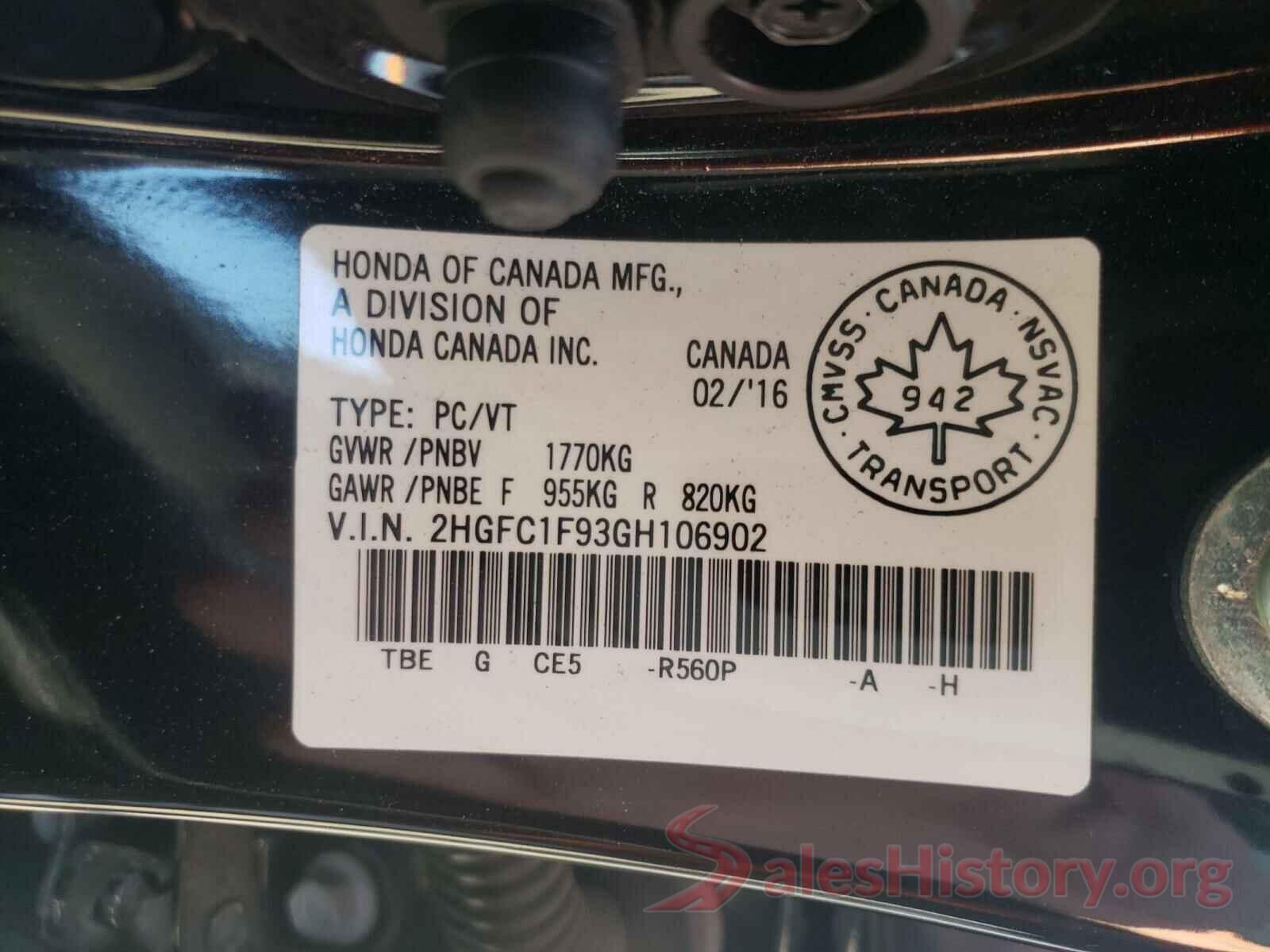 2HGFC1F93GH106902 2016 HONDA CIVIC