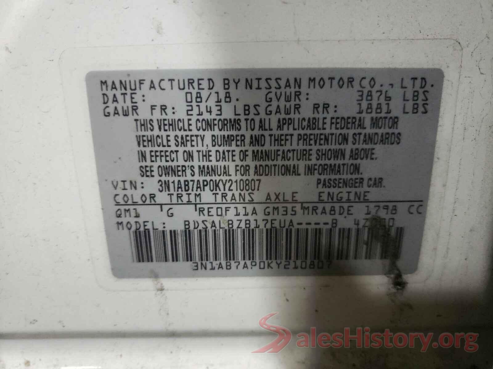 3N1AB7AP0KY210807 2019 NISSAN SENTRA