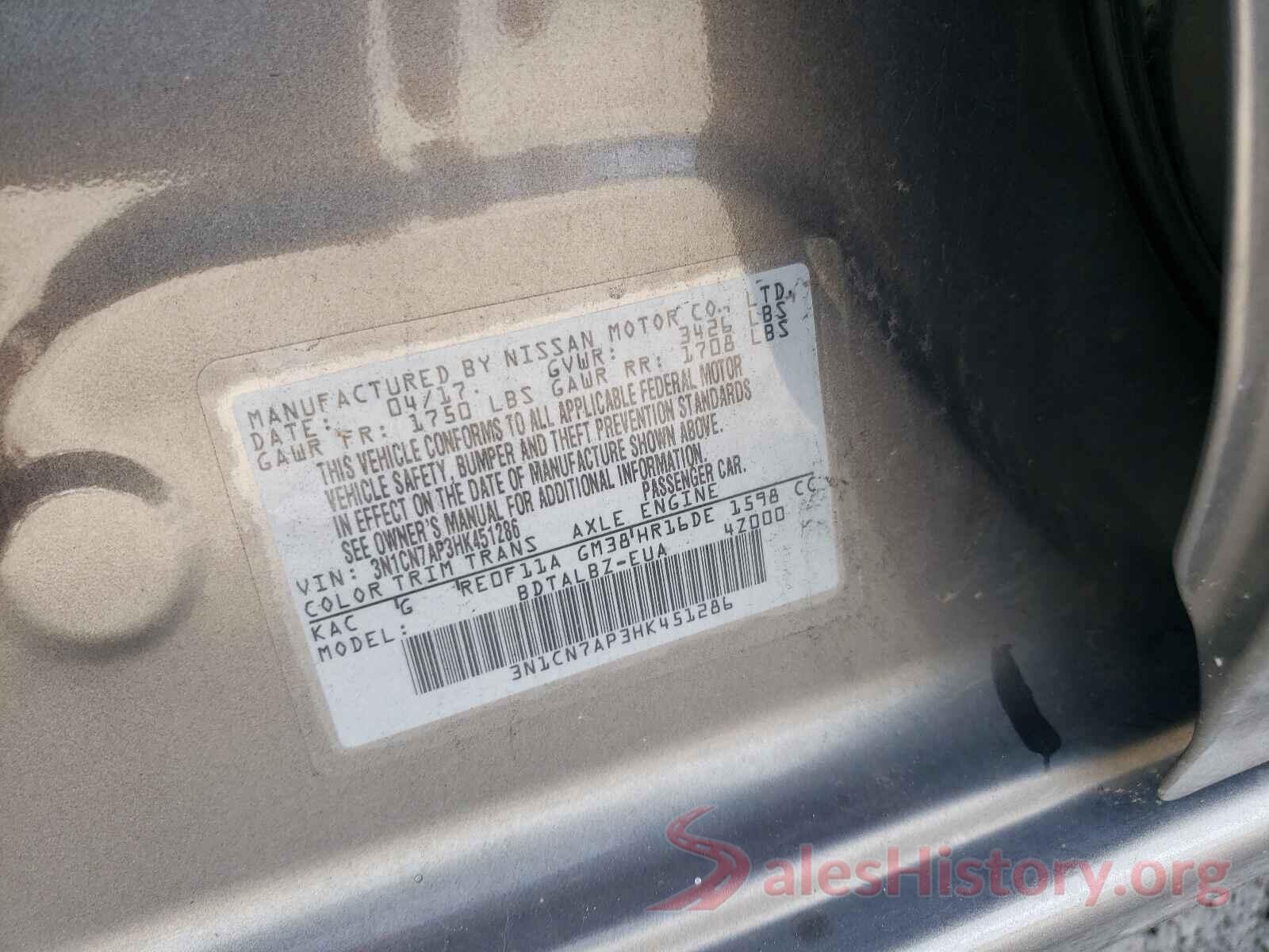 3N1CN7AP3HK451286 2017 NISSAN VERSA