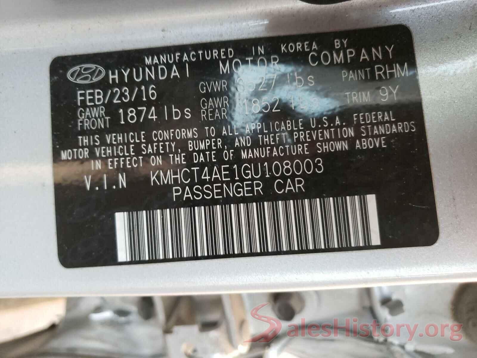 KMHCT4AE1GU108003 2016 HYUNDAI ACCENT