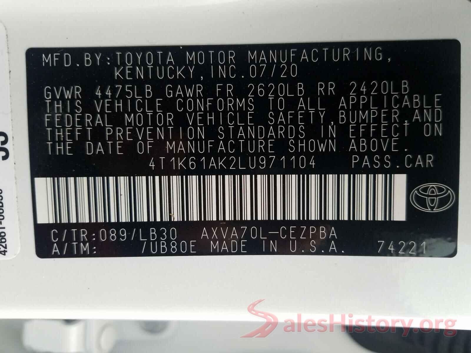 4T1K61AK2LU971104 2020 TOYOTA CAMRY