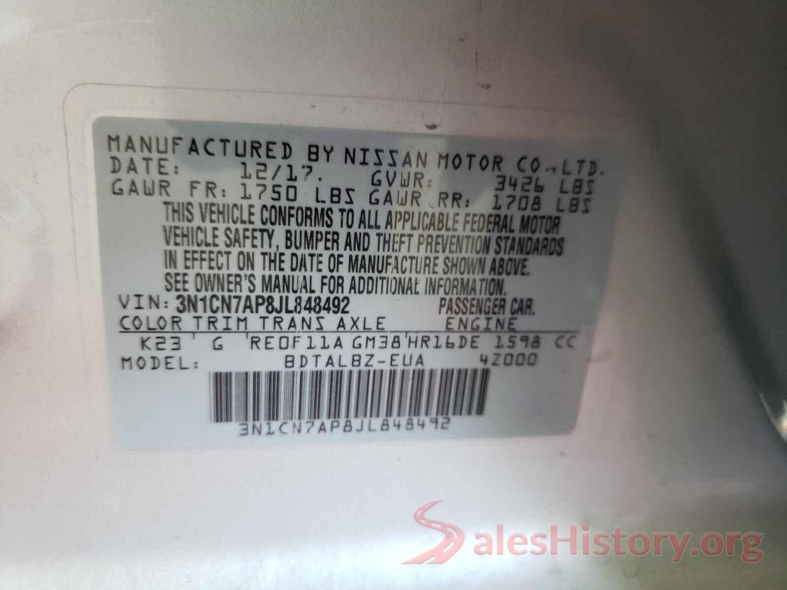 3N1CN7AP8JL848492 2018 NISSAN VERSA