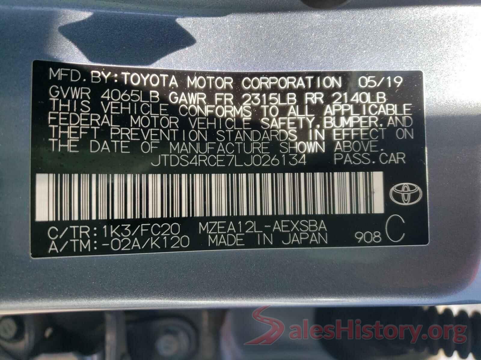 JTDS4RCE7LJ026134 2020 TOYOTA COROLLA