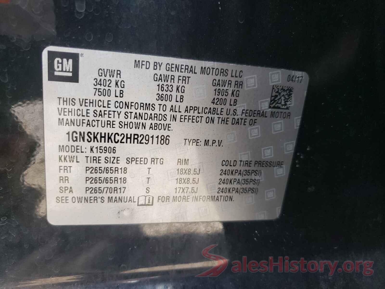 1GNSKHKC2HR291186 2017 CHEVROLET SUBURBAN