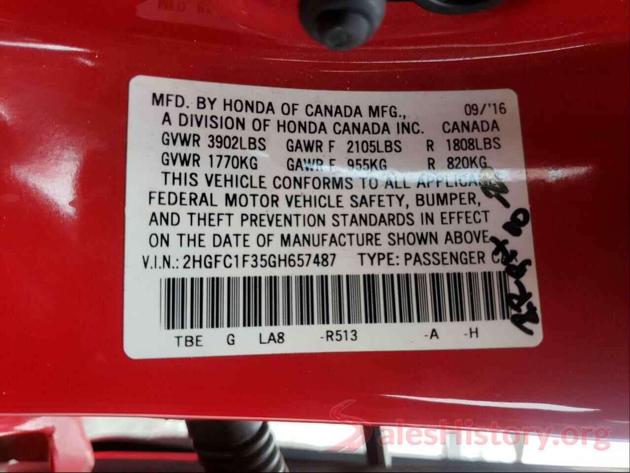 2HGFC1F35GH657487 2016 HONDA CIVIC