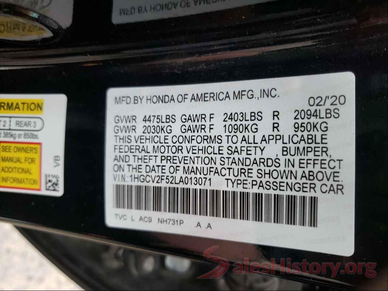 1HGCV2F52LA013071 2020 HONDA ACCORD