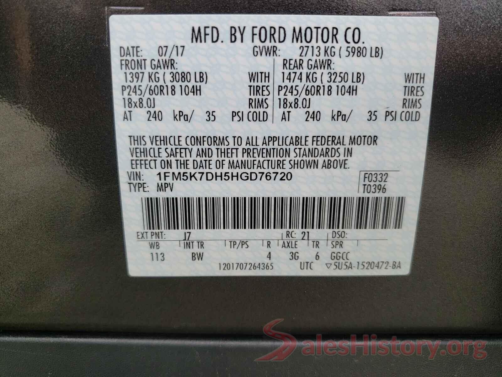 1FM5K7DH5HGD76720 2017 FORD EXPLORER