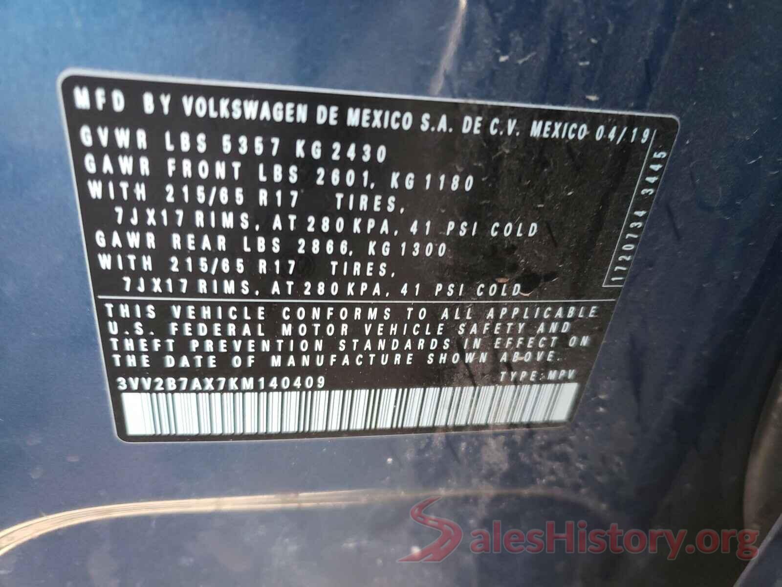 3VV2B7AX7KM140409 2019 VOLKSWAGEN TIGUAN