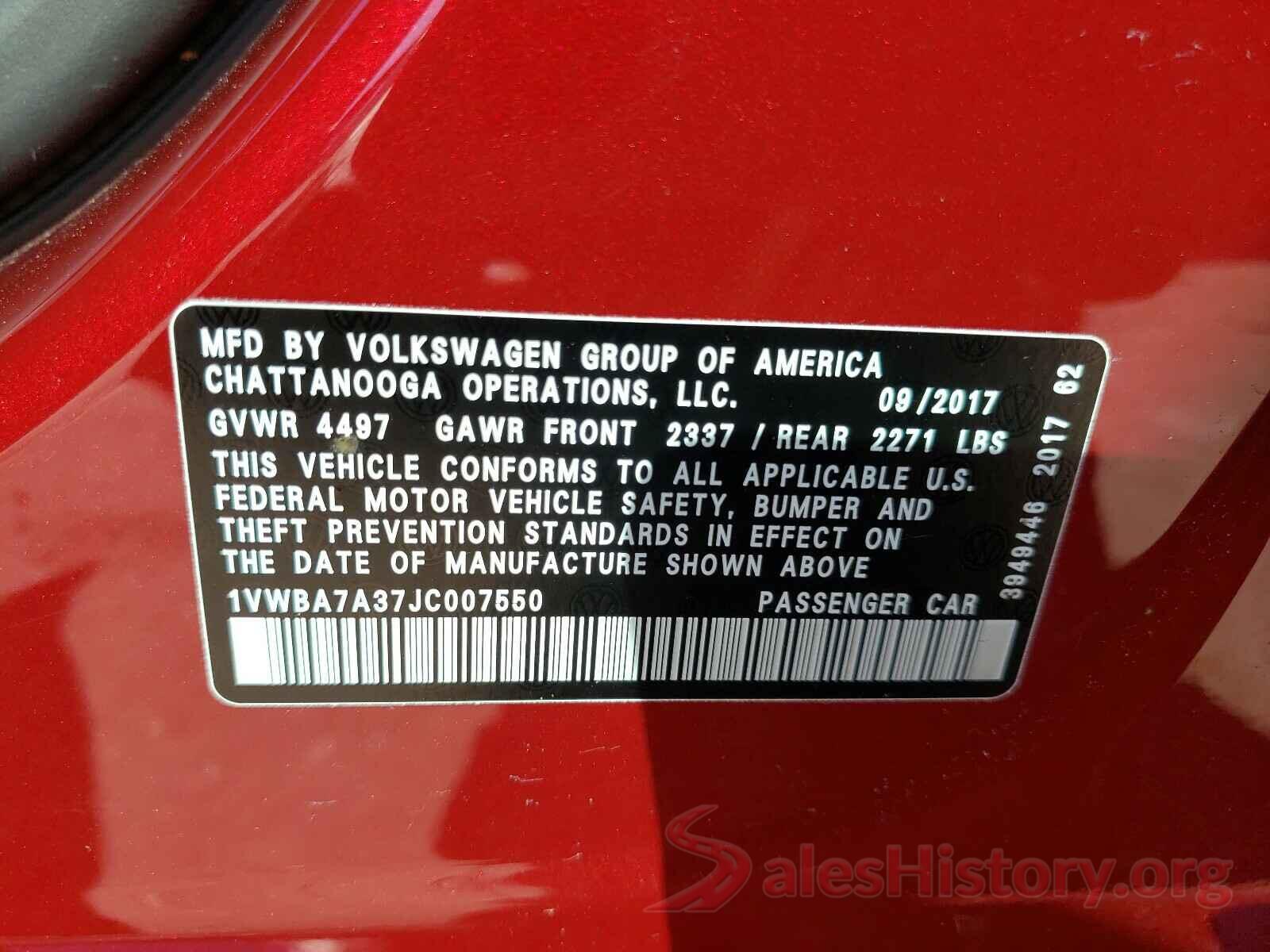 1VWBA7A37JC007550 2018 VOLKSWAGEN PASSAT