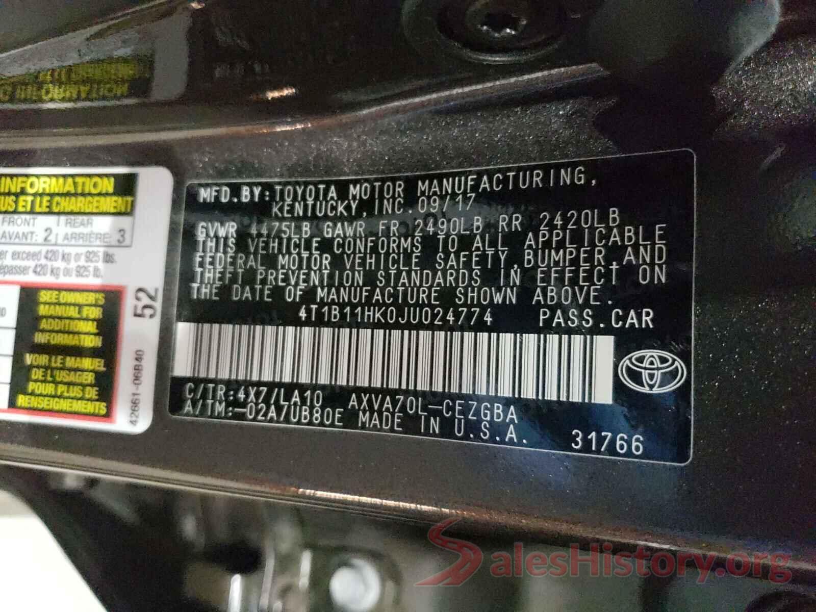 4T1B11HK0JU024774 2018 TOYOTA CAMRY