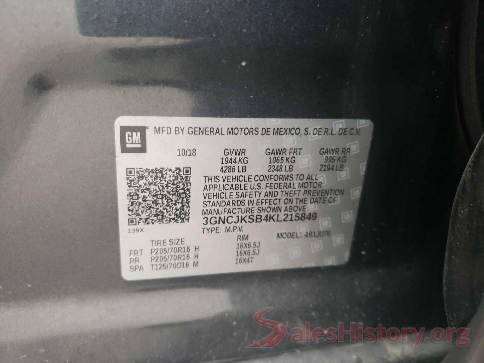 3GNCJKSB4KL215849 2019 CHEVROLET TRAX