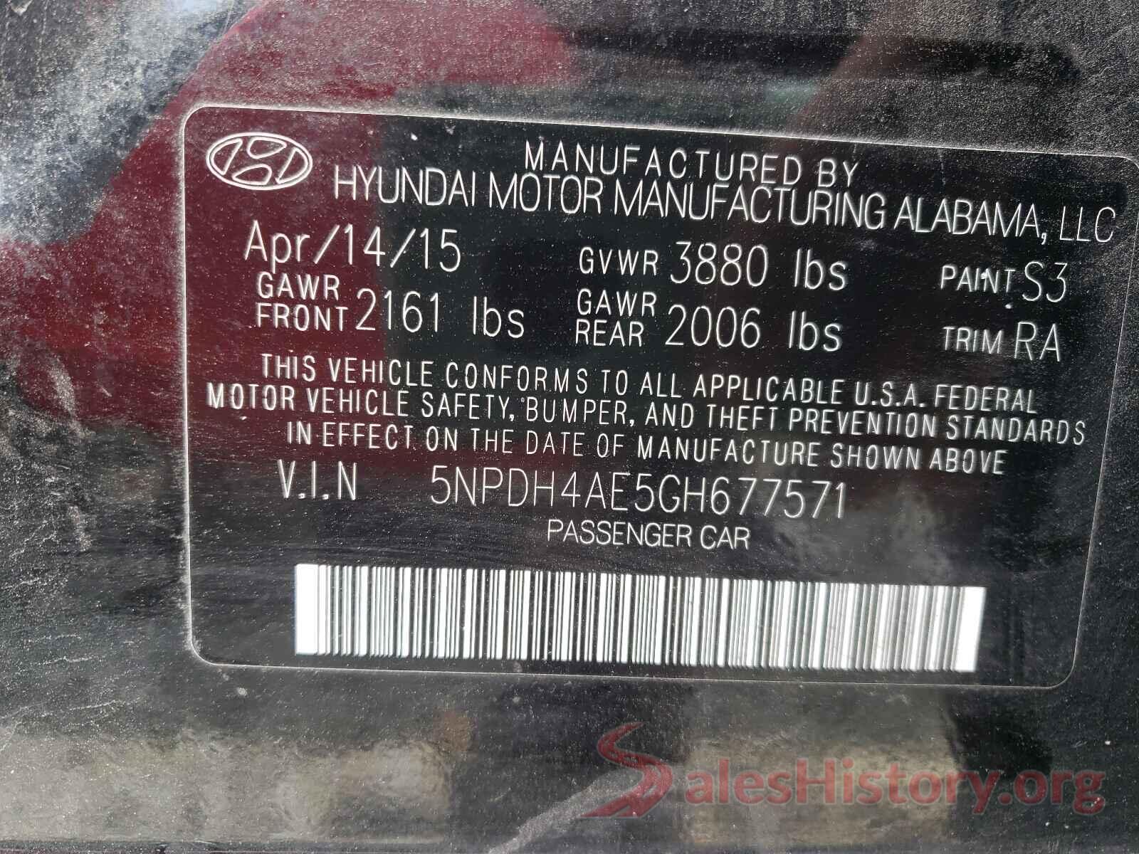 5NPDH4AE5GH677571 2016 HYUNDAI ELANTRA