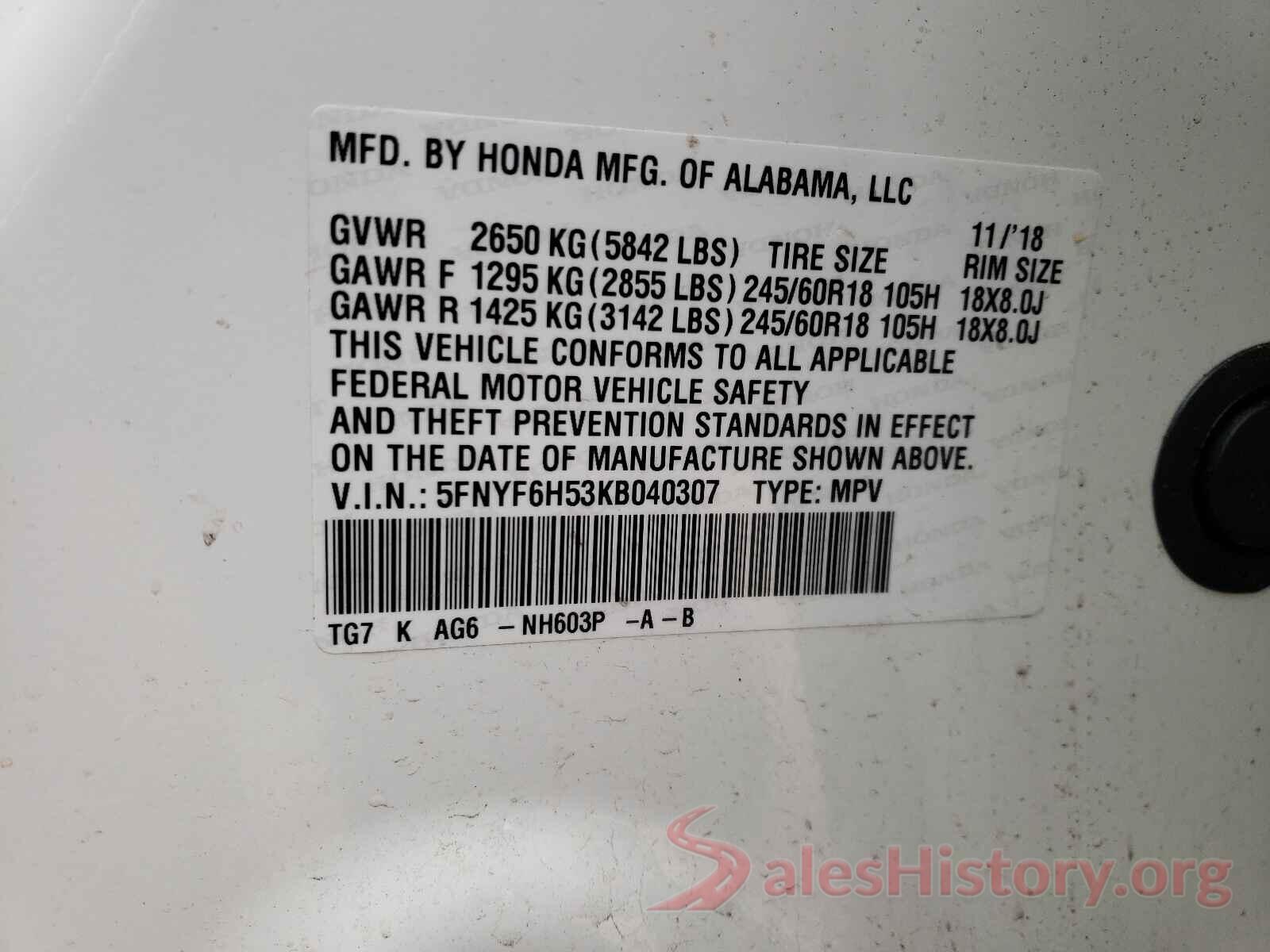 5FNYF6H53KB040307 2019 HONDA PILOT