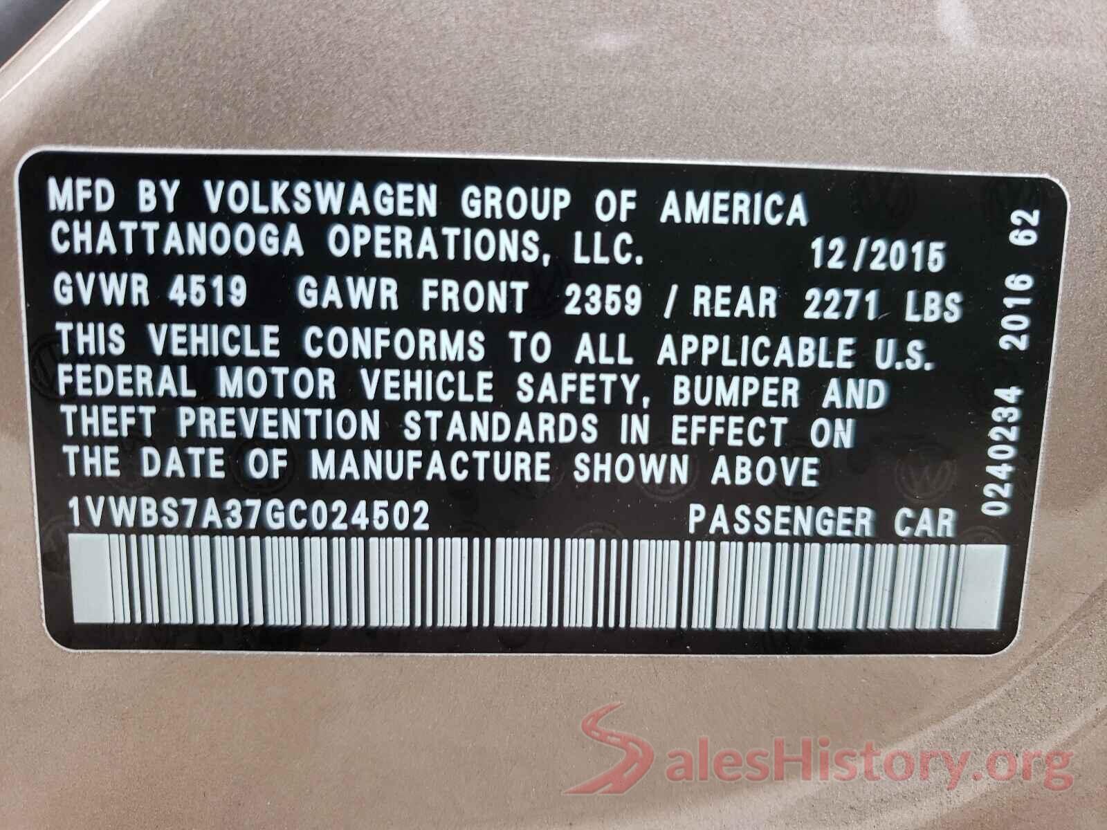 1VWBS7A37GC024502 2016 VOLKSWAGEN PASSAT