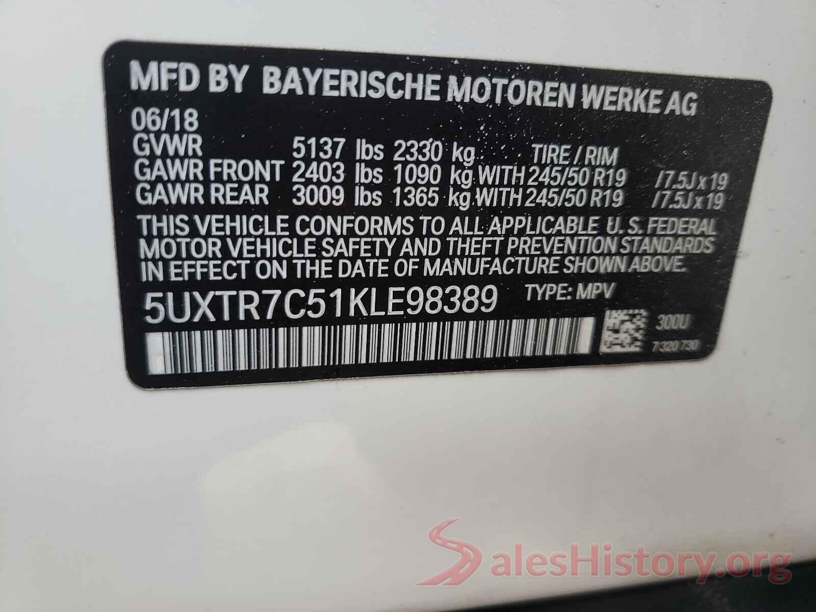 5UXTR7C51KLE98389 2019 BMW X3