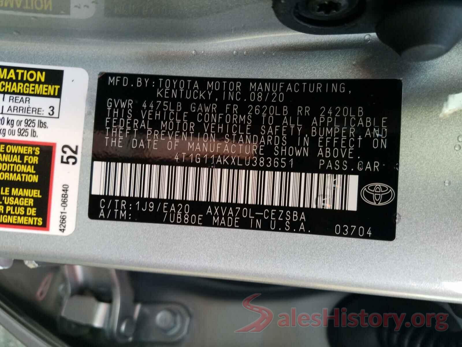 4T1G11AKXLU383651 2020 TOYOTA CAMRY