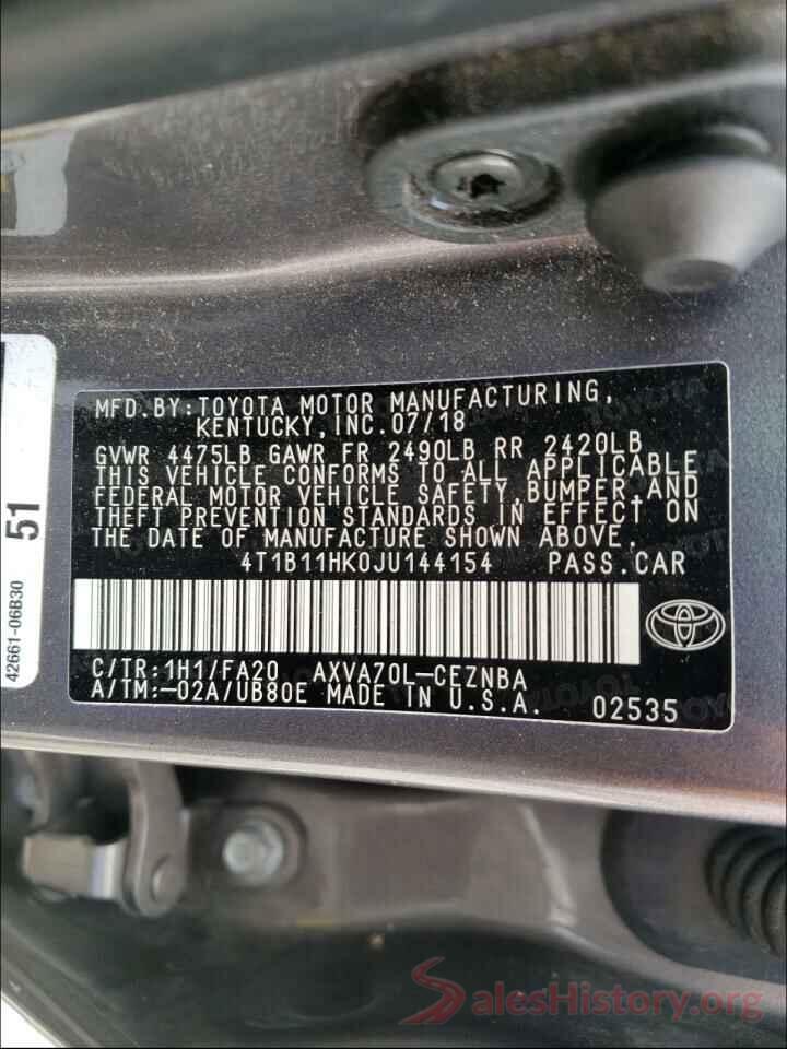 4T1B11HK0JU144154 2018 TOYOTA CAMRY